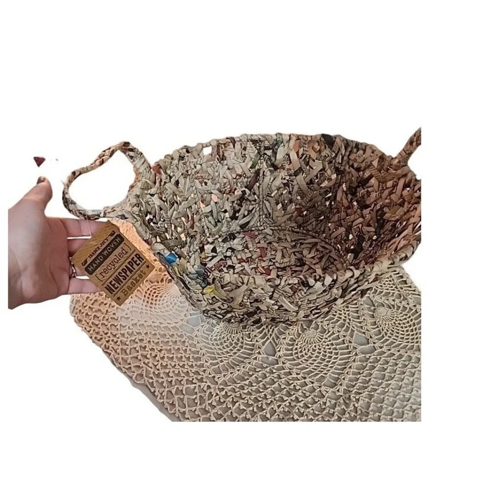 Trader Joe's Hand Woven Recycled Newspaper Basket Oval Decor with‎ Handles